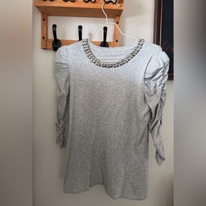 INC International Concepts Light Gray Studded Neck Long Sleeve Top
